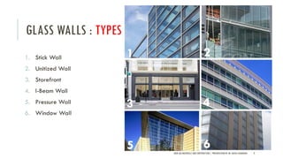 GLASS WALLS : TYPES
1. Stick Wall
2. Unitized Wall
3. Storefront
4. I-Beam Wall
5. Pressure Wall
6. Window Wall
NEW AGE MATERIALS AND CONSTRUCTION | PRESENTATION BY AR. GEEVA CHANDANA 9
1 2
3 4
5 6
 