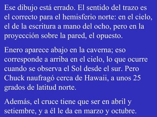 Ese dibujo está errado. El sentido del trazo es el correcto para el hemisferio norte: en el cielo, el de la escritura a mano del ocho, pero en la proyección sobre la pared, el opuesto. Enero aparece abajo en la caverna; eso corresponde a arriba en el cielo, lo que ocurre cuando se observa el Sol desde el sur. Pero Chuck naufragó cerca de Hawaii, a unos 25 grados de latitud norte. Además, el cruce tiene que ser en abril y setiembre, y a él le da en marzo y octubre. 
