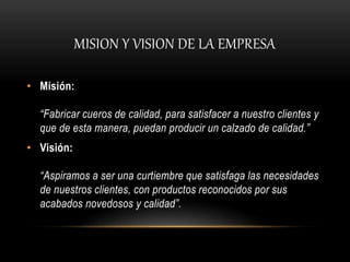 MISION Y VISION DE LA EMPRESA
• Misión:
“Fabricar cueros de calidad, para satisfacer a nuestro clientes y
que de esta manera, puedan producir un calzado de calidad.”
• Visión:
“Aspiramos a ser una curtiembre que satisfaga las necesidades
de nuestros clientes, con productos reconocidos por sus
acabados novedosos y calidad”.
 