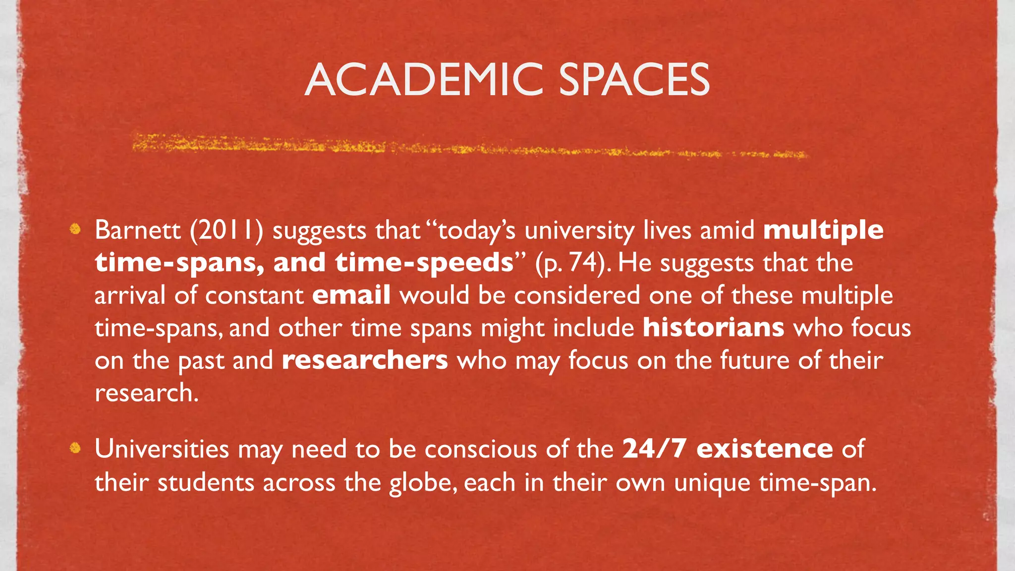 ACADEMIC SPACES


Barnett (2011) suggests that “today’s university lives amid multiple
time-spans, and time-speeds” (p. 74). He suggests that the
arrival of constant email would be considered one of these multiple
time-spans, and other time spans might include historians who focus
on the past and researchers who may focus on the future of their
research.
Universities may need to be conscious of the 24/7 existence of
their students across the globe, each in their own unique time-span.

                                   25
 