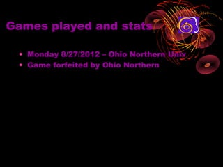 Games played and stats

 ? Monday 8/27/2012 C Ohio Northern Univ
 ? Game forfeited by Ohio Northern
 