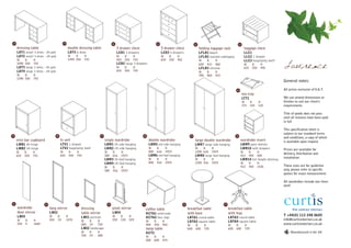 18                                         19                                          20                                  21                                 22                                       23
      dressing table                              double dressing table                      3 drawer chest                      3 drawer chest                     folding luggage rack                      luggage chest
      LDT1 small 3 drws - l/h ped                 LDT5 6 drws                                LCD1 3 drawers                      LCD3 5 drawers                     LFLR1 beech                               LLC1
      LDT2 small 3 drws - r/h ped                 W    D       H                             W     D     H                       W      D     H                     LFLR2 stained mahogany                    LLC2 1 drawer
      W    D      H                               1499 550     743                           454   550   743                     654    550   952                   W      D      H                           LLC3 hospitality shelf
      1090 550    743
      LDT3 large 3 drws - l/h ped
      LDT4 large 3 drws - r/h ped
                                                                                             LCD2 large 3 drawers
                                                                                             W
                                                                                             654
                                                                                                   D
                                                                                                   550
                                                                                                         H
                                                                                                         743
                                                                                                                                                                    600    415
                                                                                                                                                                    LFLR3 chrome
                                                                                                                                                                                  460                         W
                                                                                                                                                                                                              655
                                                                                                                                                                                                                      D
                                                                                                                                                                                                                      550
                                                                                                                                                                                                                              H
                                                                                                                                                                                                                              495      Lawrence
                                                                                                                                                                    W      D      H
      W    D      H                                                                                                                                                 780    460    415
      1290 550    743
                                                                                                                                                                                                                                       General notes:

                                                                                                                                                                                                   24                                  All prices exclusive of V.A.T.
                                                                                                                                                                                                             tea tray
                                                                                                                                                                                                             LTT1                      We can amend dimensions or
                                                                                                                                                                                                             W      D       H          finishes to suit our client's
                                                                                                                                                                                                             375    325     125        requirements

                                                                                                                                                                                                                                       Title of goods does not pass
                                                                                                                                                                                                                                       until all invoices have been paid
                                                                                                                                                                                                                                       in full

                                                                                                                                                                                                                                       This specification sheet is
                                                                                                                                                                                                                                       subject to our standard terms
25                                   26                                     27                                 28                                         29                                       30
                                                                                                                                                                                                                                       and conditions, a copy of which
      mini bar cupboard                   tv unit                                single wardrobe                     double wardrobe                           large double wardrobe                     wardrobe insert               is available upon request
      LMB1 l/h hinge                      LTV1 1 drawer                          LWR1 l/h side hanging               LWR5 std side hanging                     LWR7 large side hanging                   LWR9 open shelves
      LMB2 r/h hinge                      LTV2 hospitality shelf                 LWR2 r/h side hanging               W      D      H                           W    D           H                        LWR10 with drawers            Prices are available for
      W     D     H                       W       D     H                        W      D       H                    800    616    1919                        1200 616         1919                     W          D       H
                                                                                                                                                                                                                                       delivery, distribution and
      655   550   743                     655     550   743                      580    616     1919                 LWR6 std fwd hanging                      LWR8 large fwd hanging                    412        450     500
                                                                                                                                                                                                                                       installation
                                                                                 LWR3 l/h fwd hanging                W      D      H                           W    D           H                        LWR14 full height shelving
                                                                                 LWR4 r/h fwd hanging                800    416    1919                        1200 416         1919                     W          D       H
                                                                                 W      D       H                                                                                                        412        450     1536       These sizes are for guideline
                                                                                 580    416     1919                                                                                                                                   only, please refer to specific
                                                                                                                                                                                                                                       quotes for exact measurement.

                                                                                                                                                                                                                                       All wardrobes include one linen
                                                                                                                                                                                                                                       shelf




31                        32                            33                         34                          35                                   36                                  37
      wardrobe                 long mirror                   dressing                   pivot mirror                coffee table                         breakfast table                     breakfast table
      door mirror              LMI3                          table mirror               LMI4                        KCTA1 solid ends                     with base                           with legs
      LMI5                     W      D          H                                      W      D       H                                                                                                                               T +44(0) 113 248 0605
                                                             LMI1 portrait                                          KCTA2 four legs                      LBTA1 round table                   LBTA3 round table
      W      D    H            450    19         1470                                   550    150     529                                                                                                                             info@curtisinteriors.co.uk
                                                             W       D    H                                         W      D      H                      LBTA2 square table                  LBTA4 square table
      250    4    1660                                       580     19   720                                       900    550    450                    W      D         H                  W     D          H                        www.curtisinteriors.co.uk
                                                             LMI2 landscape                                         lamp table                           600    600       729                600   600        729
                                                             W       D    H                                         KCT2                                                                                                                    Manufactured in the UK
                                                             700     19   580                                       W      D      H
                                                                                                                    600    600    574
 