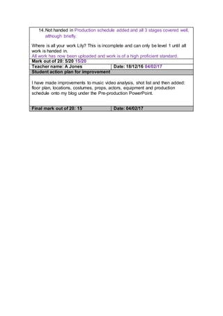 14.Not handed in Production schedule added and all 3 stages covered well,
although briefly.
Where is all your work Lily? This is incomplete and can only be level 1 until all
work is handed in.
All work has now been uploaded and work is of a high proficient standard.
Mark out of 20: 5/20 15/20
Teacher name: A Jones Date: 18/12/16 04/02/17
Student action plan for improvement
I have made improvements to music video analysis, shot list and then added:
floor plan, locations, costumes, props, actors, equipment and production
schedule onto my blog under the Pre-production PowerPoint.
Final mark out of 20: 15 Date: 04/02/17
 