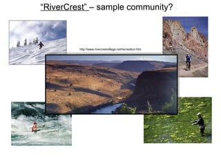 “RiverCrest” – sample community?
http://www.rivercrestvillage.net/recreation.htm
 