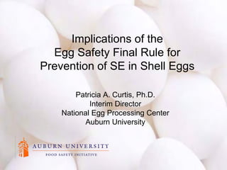 Implications of the
  Egg Safety Final Rule for
Prevention of SE in Shell Eggs

        Patricia A. Curtis, Ph.D.
            Interim Director
    National Egg Processing Center
           Auburn University
 