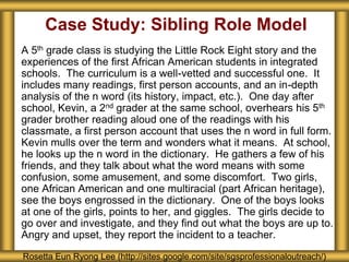 Case Study: Sibling Role Model
A 5th grade class is studying the Little Rock Eight story and the
experiences of the first African American students in integrated
schools. The curriculum is a well-vetted and successful one. It
includes many readings, first person accounts, and an in-depth
analysis of the n word (its history, impact, etc.). One day after
school, Kevin, a 2nd grader at the same school, overhears his 5th
grader brother reading aloud one of the readings with his
classmate, a first person account that uses the n word in full form.
Kevin mulls over the term and wonders what it means. At school,
he looks up the n word in the dictionary. He gathers a few of his
friends, and they talk about what the word means with some
confusion, some amusement, and some discomfort. Two girls,
one African American and one multiracial (part African heritage),
see the boys engrossed in the dictionary. One of the boys looks
at one of the girls, points to her, and giggles. The girls decide to
go over and investigate, and they find out what the boys are up to.
Angry and upset, they report the incident to a teacher.
Rosetta Eun Ryong Lee (http://sites.google.com/site/sgsprofessionaloutreach/)
 