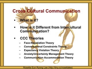 Cross Cultural Communication
   What is it?
   How is it Different from Intercultural
    Communication?
   CCC Theories
    –   Face-Negotiation Theory
    –   Conversational Constraints Theory
    –   Expectancy Violation Theory
    –   Anxiety/Uncertainty Management Theory
    –   Communication Accommodation Theory


        Rosetta Eun Ryong Lee (http://tiny.cc/rosettalee)
 