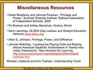 Miscellaneous Resources
• Karen Bradberry and Johnnie Foreman, “Privilege and
     Power,” Summer Diversity Institute, National Association
     of Independent Schools, 2009
• Po Bronson and Ashley Merryman, Nurture Shock
• Kevin Jennings, GLSEN (Gay Lesbian and Straight Education
     Network) www.glsen.org
• Allan G. Johnson, Privilege, Power, and Difference
• Johnnie McKinley, “Leveling the Playing Field and Raising
     African American Students’ Achievement in Twenty-nine
     Urban Classrooms,” New Horizons for Learning,
     http://www.newhorizons.org/strategies/differentiated/
     mckinley.htm
Michael J Nakkula and Eric Toshalis, Understanding Youth.

             Rosetta Eun Ryong Lee (http://tiny.cc/rosettalee)
 