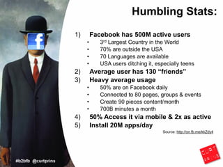 Humbling Stats:
1)       Facebook has 500M active users
     •      3rd Largest Country in the World
     •      70% are outside the USA
     •      70 Languages are available
     •      USA users ditching it, especially teens
2)       Average user has 130 “friends”
3)       Heavy average usage
     •      50% are on Facebook daily
     •      Connected to 80 pages, groups & events
     •      Create 90 pieces content/month
     •      700B minutes a month
4)       50% Access it via mobile & 2x as active
5)       Install 20M apps/day
                                     Source: http://on.fb.me/kkZdy4
 