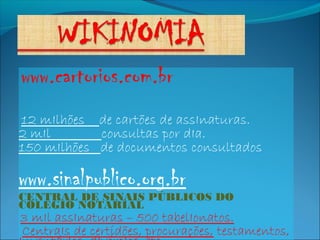 www.cartorios.com.br
12 mIlhões de cartões de assInaturas.
2 mIl consultas por dIa.
150 mIlhões de documentos consultados
www.sinalpublico.org.br
CENTRAL DE SINAIS PÚBLICOS DO
COLÉGIO NOTARIAL
3 mIl assInaturas – 500 tabelIonatos.
CentraIs de certidões, procurações, testamentos,
 
