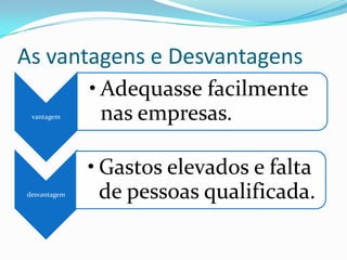 As vantagens e Desvantagens
              • Adequasse facilmente
 vantagem       nas empresas.

              • Gastos elevados e falta
desvantagem     de pessoas qualificada.
 