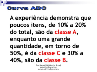 A experiência demonstra que
poucos itens, de 10% a 20%
do total, são da classe A,
enquanto uma grande
quantidade, em torno de
50%, é da classe C e 30% a
40%, são da classe B.
Prof Samuel R.L.Sobrinho E-mail
ssobrinhoo@gmail.com
samuel.sobrinho@sc.senai.br
 