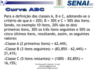Para a definição das classes A, B e C, adotando-se o
critério de que A = 20%; B = 30% e C = 50% dos itens.
Sendo, no exemplo 10 itens, 20% são os dois
primeiros itens, 30% os três itens seguintes e 50% os
cinco últimos itens, resultando, assim, os seguintes
valores:
•Classe A (2 primeiros itens) = 62,44%;
•Classe B (3 itens seguintes) = (83,85% - 62,44%) =
21,41%;
•Classe C (5 itens restantes) = (100% - 83,85%) =
16,15%; Prof Samuel R.L.Sobrinho E-mail
ssobrinhoo@gmail.com
samuel.sobrinho@sc.senai.br
 