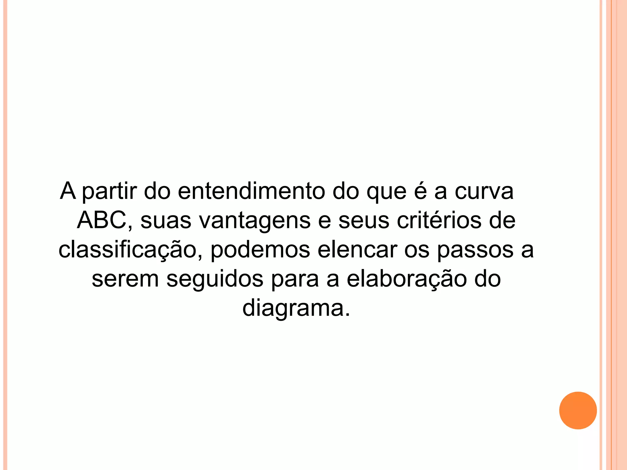 A partir do entendimento do que é a curva
ABC, suas vantagens e seus critérios de
classificação, podemos elencar os passos a
serem seguidos para a elaboração do
diagrama.
 