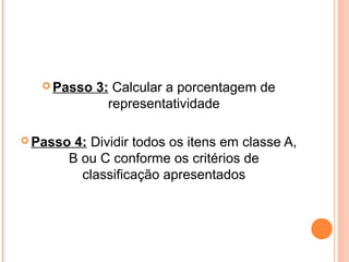  Passo 3: Calcular a porcentagem de
representatividade
 Passo 4: Dividir todos os itens em classe A,
B ou C conforme os critérios de
classificação apresentados
 