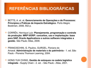  BETTS, A. et. al. Gerenciamento de Operações e de Processos:
Princípios e Práticas de Impacto Estratégico. Porto Alegre:
Bookman, 2008, 552 p.
 CORRÊA, Henrique Luiz: Planejamento, programação e controle
da produção: MRP II/ERP: conceitos, uso e implantação: base
para SAP, Oracle Applications e outros software integrados a
gestão. São Paulo: Atlas, 2009.
 FRANCISCHINI, G. Paulino, GURGEL, Floriano do
Amaral. Administração de materiais e do patrimônio - 1. ed. São
Paulo - Pioneira Thomson Learning, 2004.
 HONG YUH CHING. Gestão de estoques na cadeia logística
integrada - Supply Chain - 2. ed. - São Paulo - Atlas, 2001.
REFERÊNCIAS BIBLIOGRÁFICAS
 
