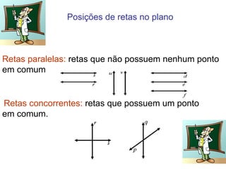 Posições de retas no plano



Retas paralelas: retas que não possuem nenhum ponto
em comum


Retas concorrentes: retas que possuem um ponto
em comum.
 