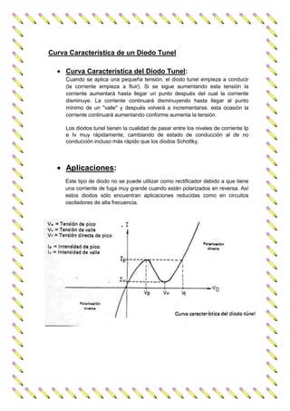 Curva Característica de un Diodo Tunel
Curva Característica del Diodo Tunel:
Cuando se aplica una pequeña tensión, el diodo tunel empieza a conducir
(la corriente empieza a fluir). Si se sigue aumentando esta tensión la
corriente aumentará hasta llegar un punto después del cual la corriente
disminuye. La corriente continuará disminuyendo hasta llegar al punto
mínimo de un "valle" y después volverá a incrementarse. esta ocasión la
corriente continuará aumentando conforme aumenta la tensión.
Los diodos tunel tienen la cualidad de pasar entre los niveles de corriente Ip
e Iv muy rápidamente, cambiando de estado de conducción al de no
conducción incluso más rápido que los diodos Schottky.
Aplicaciones:
Este tipo de diodo no se puede utilizar como rectificador debido a que tiene
una corriente de fuga muy grande cuando están polarizados en reversa. Así
estos diodos sólo encuentran aplicaciones reducidas como en circuitos
osciladores de alta frecuencia.
 