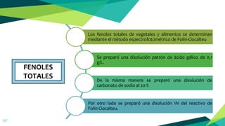 17
Los fenoles totales de vegetales y alimentos se determinan
mediante el método espectrofotométrico de Folin-Ciocalteu
Se preparó una disolución patrón de ácido gálico de 0,1
g/L.
De la misma manera se preparó una disolución de
carbonato de sodio al 20 %
Por otro lado se preparó una disolución 1N del reactivo de
Folin Ciocalteu.
FENOLES
TOTALES
 