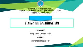 21
UNIVERSIDAD TÉCNICA DE MACHALA
UNIDAD ACADÉMICA DE CIENCIAS QUÍMICAS Y DE LA SALUD
BIOQUÍMICA Y FARMACIA
CURVA DE CALIBRACIÓN
DOCENTE:
Bioq. Farm. Carlos García.
CURSO:
Noveno Semestre “B”
 