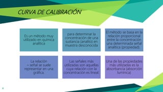 CURVA DE CALIBRACIÓN
4
Es un método muy
utilizado en química
analítica
para determinar la
concentración de una
sustancia (analito) en
muestra desconocida
El método se basa en la
relación proporcional
entre la concentración
una determinada señal
analítica (propiedad).
La relación
– señal se suele
representar en una
gráfica.
Las señales más
utilizadas son aquellas
cuya relación con la
concentración es lineal.
Una de las propiedades
más utilizadas es la
absorbancia (absorción
lumínica)
 