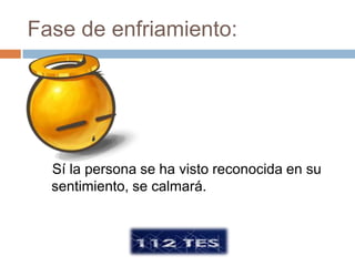 Fase de enfriamiento:




  Sí la persona se ha visto reconocida en su
  sentimiento, se calmará.
 