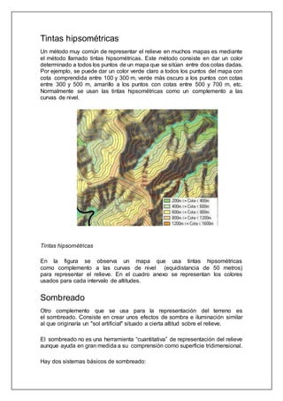 Tintas hipsométricas
Un método muy común de representar el relieve en muchos mapas es mediante
el método llamado tintas hipsométricas. Este método consiste en dar un color
determinado a todos los puntos de un mapa que se sitúan entre dos cotas dadas.
Por ejemplo, se puede dar un color verde claro a todos los puntos del mapa con
cota comprendida entre 100 y 300 m, verde más oscuro a los puntos con cotas
entre 300 y 500 m, amarillo a los puntos con cotas entre 500 y 700 m, etc.
Normalmente se usan las tintas hipsométricas como un complemento a las
curvas de nivel.
Tintas hipsométricas
En la figura se observa un mapa que usa tintas hipsométricas
como complemento a las curvas de nivel (equidistancia de 50 metros)
para representar el relieve. En el cuadro anexo se representan los colores
usados para cada intervalo de altitudes.
Sombreado
Otro complemento que se usa para la representación del terreno es
el sombreado. Consiste en crear unos efectos de sombra e iluminación similar
al que originaría un "sol artificial" situado a cierta altitud sobre el relieve.
El sombreado no es una herramienta “cuantitativa” de representación del relieve
aunque ayuda en gran medida a su comprensión como superficie tridimensional.
Hay dos sistemas básicos de sombreado:
 