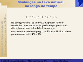 Capítulo8:Ataxanaturalde
desempregoeacurvadePhillips
© 2006 Pearson Education Macroeconomia, 4/e Olivier Blanchard
Mudanças na taxa natural
ao longo do tempo
Na equação acima, os termos µ e z podem não ser
constantes, mas mudar ao longo do tempo, provocando
alterações na taxa natural de desemprego.
A taxa natural de desemprego nos Estados Unidos baixou
para um nível entre 4% e 5%.
π π µ αt t tz u− = + −− 1 ( )
 