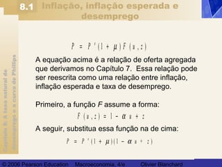 Capítulo8:Ataxanaturalde
desempregoeacurvadePhillips
© 2006 Pearson Education Macroeconomia, 4/e Olivier Blanchard
Inflação, inflação esperada e
desemprego
A equação acima é a relação de oferta agregada
que derivamos no Capítulo 7. Essa relação pode
ser reescrita como uma relação entre inflação,
inflação esperada e taxa de desemprego.
P P F u ze
= +( ) ( , )1 µ
F u z z( , ) = − +1 α u
Primeiro, a função F assume a forma:
P P e
= + −( ) ( )1 1µ α u + z
A seguir, substitua essa função na de cima:
8.1
 