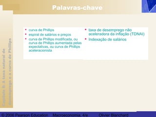 Capítulo8:Ataxanaturalde
desempregoeacurvadePhillips
© 2006 Pearson Education Macroeconomia, 4/e Olivier Blanchard
Palavras-chave
 curva de Phillips
 espiral de salários e preços
 curva de Phillips modificada, ou
curva de Phillips aumentada pelas
expectativas, ou curva de Phillips
aceleracionista
 taxa de desemprego não
aceleradora da inflação (TDNAI)
 Indexação de salários
 