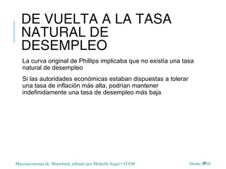 Macroeconomia de Blanchard, editado por Mishelle Segui • ITAM Otoño 2010
DE VUELTA A LA TASA
NATURAL DE
DESEMPLEO
La curva original de Phillips implicaba que no existía una tasa
natural de desempleo
Si las autoridades económicas estaban dispuestas a tolerar
una tasa de inflación más alta, podrían mantener
indefinidamente una tasa de desempleo más baja
27
 