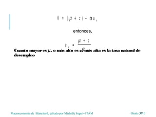 Macroeconomia de Blanchard, editado por Mishelle Segui • ITAM Otoño 2010
Cuanto mayores µ, o más alto es z, más alta es la tasa natural de
desempleo
29
0 = + −( )µ αz u n
entonces,
u
z
n =
+µ
α
 