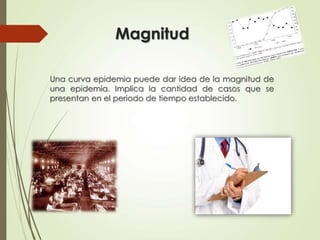 Magnitud 
Una curva epidemia puede dar idea de la magnitud de 
una epidemia. Implica la cantidad de casos que se 
presentan en el periodo de tiempo establecido. 
 
