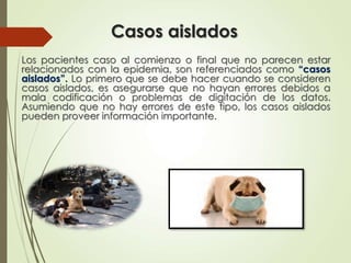 Casos aislados 
Los pacientes caso al comienzo o final que no parecen estar 
relacionados con la epidemia, son referenciados como “casos 
aislados”. Lo primero que se debe hacer cuando se consideren 
casos aislados, es asegurarse que no hayan errores debidos a 
mala codificación o problemas de digitación de los datos. 
Asumiendo que no hay errores de este tipo, los casos aislados 
pueden proveer información importante. 
 