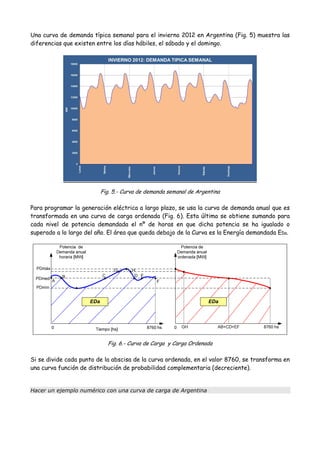 Una curva de demanda típica semanal para el invierno 2012 en Argentina (Fig. 5) muestra las
diferencias que existen entre los días hábiles, el sábado y el domingo.
Fig. 5.- Curva de demanda semanal de Argentina
Para programar la generación eléctrica a largo plazo, se usa la curva de demanda anual que es
transformada en una curva de carga ordenada (Fig. 6). Esta última se obtiene sumando para
cada nivel de potencia demandada el nº de horas en que dicha potencia se ha igualado o
superado a lo largo del año. El área que queda debajo de la Curva es la Energía demandada EDa.
Fig. 6.- Curva de Carga y Carga Ordenada
Si se divide cada punto de la abscisa de la curva ordenada, en el valor 8760, se transforma en
una curva función de distribución de probabilidad complementaria (decreciente).
Hacer un ejemplo numérico con una curva de carga de Argentina
 