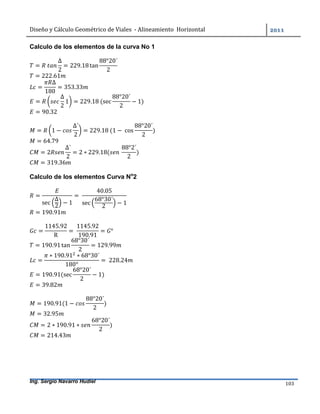 Diseño	y	Cálculo	Geométrico	de	Viales		-	Alineamiento		Horizontal	 	
Ing. Sergio Navarro Hudiel 103	
Calculo de los elementos de la curva No 1
= 	
∆
2
= 229.18tan
88°20´
2
= 222.61
=
∆
180
= 353.33
=
∆
2
1 = 229.18	(sec
88°20´
2
− 1)
= 90.32
= 1 −
∆´
2
= 229.18	(1 −	cos
88°20´
2
)
= 64.79
= 2
∆´
2
= 2 ∗ 229.18( 	
88°2´
2
)
= 319.36
Calculo de los elementos Curva No
2
=
sec
∆
2
− 1
=	
40.05
sec
68°30´
2
− 1
= 190.91
=
1145.92
R
= 	
1145.92
190.91
= °
= 190.91tan
68°30´
2
= 129.99
=
∗ 190.91 ∗ 68°30´
180°
= 	228.24
= 190.91(sec
68°20´
2
− 1)
= 39.82
= 190.91(1 −
88°20´
2
)
= 32.95
= 2 ∗ 190.91 ∗
68°20´
2
)
= 214.43
 