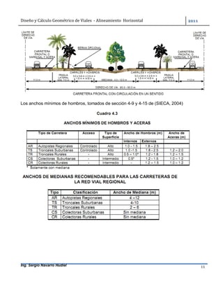 Diseño	y	Cálculo	Geométrico	de	Viales		-	Alineamiento		Horizontal	 	
Ing. Sergio Navarro Hudiel 11	
Los anchos mínimos de hombros, tomados de sección 4-9 y 4-15 de (SIECA, 2004)
 