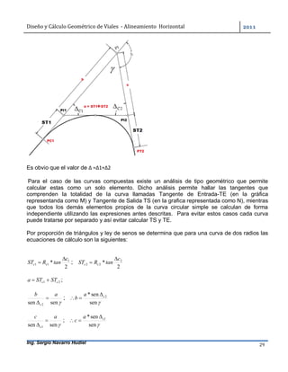 Diseño	y	Cálculo	Geométrico	de	Viales		-	Alineamiento		Horizontal	 	
Ing. Sergio Navarro Hudiel 29	
Es obvio que el valor de ∆ =∆1+∆2
Para el caso de las curvas compuestas existe un análisis de tipo geométrico que permite
calcular estas como un solo elemento. Dicho análisis permite hallar las tangentes que
comprenden la totalidad de la curva llamadas Tangente de Entrada-TE (en la gráfica
representanda como M) y Tangente de Salida TS (en la grafica representada como N), mientras
que todos los demás elementos propios de la curva circular simple se calculan de forma
independiente utilizando las expresiones antes descritas. Para evitar estos casos cada curva
puede tratarse por separado y así evitar calcular TS y TE.
Por proporción de triángulos y ley de senos se determina que para una curva de dos radios las
ecuaciones de cálculo son la siguientes:
2
* 1
11
c
tanRST cc

 ;
2
* 2
22
c
tanRST cc


21 cc STSTa  ;
sensen 2
ab
c


;
sen
sen* 2ca
b


sensen 1
ac
c


;
sen
sen* 1ca
c


 