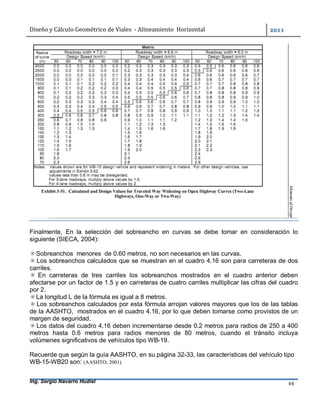 Diseño	y	Cálculo	Geométrico	de	Viales		-	Alineamiento		Horizontal	 	
Ing. Sergio Navarro Hudiel 44	
	
Finalmente, En la selección del sobreancho en curvas se debe tomar en consideración lo
siguiente (SIECA, 2004):
✳Sobreanchos menores de 0.60 metros, no son necesarios en las curvas.
✳Los sobreanchos calculados que se muestran en el cuadro 4.16 son para carreteras de dos
carriles.
✳ En carreteras de tres carriles los sobreanchos mostrados en el cuadro anterior deben
afectarse por un factor de 1.5 y en carreteras de cuatro carriles multiplicar las cifras del cuadro
por 2.
✳La longitud L de la fórmula es igual a 8 metros.
✳Los sobreanchos calculados por esta fórmula arrojan valores mayores que los de las tablas
de la AASHTO, mostrados en el cuadro 4.16, por lo que deben tomarse como provistos de un
margen de seguridad.
✳Los datos del cuadro 4.16 deben incrementarse desde 0.2 metros para radios de 250 a 400
metros hasta 0.6 metros para radios menores de 80 metros, cuando el tránsito incluya
volúmenes significativos de vehículos tipo WB-19.
Recuerde que según la guía AASHTO, en su página 32-33, las características del vehículo tipo
WB-15-WB20 son: (AASHTO, 2001).
 