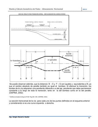 Diseño	y	Cálculo	Geométrico	de	Viales		-	Alineamiento		Horizontal	 	
Ing. Sergio Navarro Hudiel 60	
Se puede observar además, que la distancia B - C y F – G son iguales y equivalentes a N, ya
que el cambio absoluto de peralte también es igual al bombeo. Al efectuar la transición, los
bordes de la vía adquieren una pendiente diferente a a del eje, pendiente que debe permanecer
constante a lo largo de toda la transición, tanto en la del bombeo como en la del peralte.
(OSPINA, 2002)
* Gráficas tomadas de figura 67-68. Pág 294- 295. (OSPINA, 2002)
La sección transversal de la vía para cada uno de los puntos definidos en el esquema anterior
y considerando si es una curva izquierda o derecha.
 
