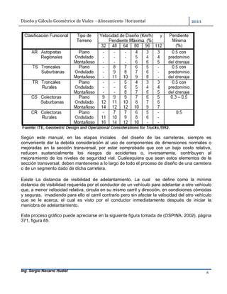 Diseño	y	Cálculo	Geométrico	de	Viales		-	Alineamiento		Horizontal	 	
Ing. Sergio Navarro Hudiel 6	
Según este manual, en las etapas iniciales del diseño de las carreteras, siempre es
conveniente dar la debida consideración al uso de componentes de dimensiones normales o
mejoradas en la sección transversal, por estar comprobado que con un bajo costo relativo,
reducen sustancialmente los riesgos de accidentes o, inversamente, contribuyen al
mejoramiento de los niveles de seguridad vial. Cualesquiera que sean estos elementos de la
sección transversal, deben mantenerse a lo largo de todo el proceso de diseño de una carretera
o de un segmento dado de dicha carretera.
	
Existe La distancia de visibilidad de adelantamiento. La cual se define como la mínima
distancia de visibilidad requerida por el conductor de un vehículo para adelantar a otro vehículo
que, a menor velocidad relativa, circula en su mismo carril y dirección, en condiciones cómodas
y seguras, invadiendo para ello el carril contrario pero sin afectar la velocidad del otro vehículo
que se le acerca, el cual es visto por el conductor inmediatamente después de iniciar la
maniobra de adelantamiento.
Este proceso gráfico puede apreciarse en la siguiente figura tomada de (OSPINA, 2002), página
371, figura 85.
 