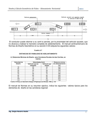 Diseño	y	Cálculo	Geométrico	de	Viales		-	Alineamiento		Horizontal	 	
Ing. Sergio Navarro Hudiel 7	
El conductor puede retornar a su carril si percibe, por la proximidad del vehículo opuesto, que
no alcanza a realizar la maniobra completa de adelantamiento. El manual centroamericano de
Normas de Diseño Geométrico en su sección 4-30 estipula los siguientes valores:
El manual de Normas en su resumen ejectivo, indica los siguientes valores típicos para los
elementos de diseño en las carreteras regional:
 