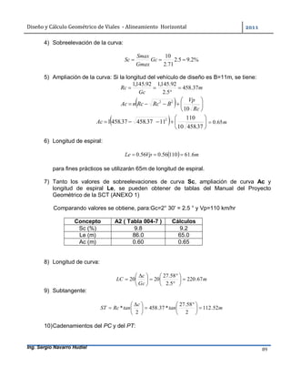 Diseño	y	Cálculo	Geométrico	de	Viales		-	Alineamiento		Horizontal	 	
Ing. Sergio Navarro Hudiel 89	
4) Sobreelevación de la curva:
%2.95.2
71.2
10
 Gc
Gmax
Smax
Sc
5) Ampliación de la curva: Si la longitud del vehículo de diseño es B=11m, se tiene:
m
Gc
Rc 37.458
5.2
92.145,192.145,1



  






Rc
Vp
BRcRcnAc
10
22
  






37.45810
110
1137.45837.4581 2
Ac m65.0
6) Longitud de espiral:
  mVpLe 6.6111056.056.0 
para fines prácticos se utilizarán 65m de longitud de espiral.
7) Tanto los valores de sobreelevaciones de curva Sc, ampliación de curva Ac y
longitud de espiral Le, se pueden obtener de tablas del Manual del Proyecto
Geométrico de la SCT (ANEXO 1)
Comparando valores se obtiene, para:Gc=2° 30' = 2.5 ° y Vp=110 km/hr
Concepto A2 ( Tabla 004-7 ) Cálculos
Sc (%) 9.8 9.2
Le (m) 86.0 65.0
Ac (m) 0.60 0.65
8) Longitud de curva:
m
Gc
c
LC 67.220
5.2
58.27
2020 












 

9) Subtangente:
mtan
c
tanRcST 52.112
2
58.27
*37.458
2
* 




 





 

10)Cadenamientos del PC y del PT:
 
