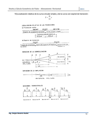 Diseño	y	Cálculo	Geométrico	de	Viales		-	Alineamiento		Horizontal	 	
Ing. Sergio Navarro Hudiel 92	
16)Localización relativa de la curva circular simple y de la curva con espiral de transición:
x
Le
Sc
S 
 