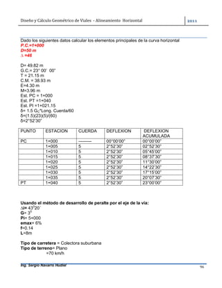 Diseño	y	Cálculo	Geométrico	de	Viales		-	Alineamiento		Horizontal	 	
Ing. Sergio Navarro Hudiel 96	
	
Dado los siguientes datos calcular los elementos principales de la curva horizontal
P.C.=1+000
D=50 m
∆ =46
D= 49.82 m
G.C.= 23° 00’ 00”
T = 21.15 m
C.M. = 38.93 m
E=4.30 m
M=3.96 m
Est. PC = 1+000
Est. PT =1+040
Est. PI =1+021.15
δ= 1.5 GC*Long. Cuerda/60
δ=(1.5)(23)(5)/(60)
δ=2°52’30”
PUNTO ESTACION CUERDA DEFLEXION DEFLEXION
ACUMULADA
PC 1+000 --------- 00°00’00” 00°00’00”
1+005 5 2°52’30” 02°52’30”
1+010 5 2°52’30” 05°45’00”
1+015 5 2°52’30” 08°37’30”
1+020 5 2°52’30” 11°30’00”
1+025 5 2°52’30” 14°22’30”
1+030 5 2°52’30” 17°15’00”
1+035 5 2°52’30” 20°07’30”
PT 1+040 5 2°52’30” 23°00’00”
Usando el método de desarrollo de peralte por el eje de la vía:
∆i= 430
20´
G= 30
Pi= 5+000
emax= 6%
f=0.14
L=8m
Tipo de carretera = Colectora suburbana
Tipo de terreno= Plano
=70 km/h
 