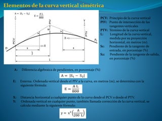 Elementos de la curva vertical simétrica
A: Diferencia algebraica de pendientes, en porcentaje (%)
PCV: Principio de la curva vertical
PIV: Punto de intersección de las
tangentes verticales
PTV: Término de la curva vertical
L: Longitud de la curva vertical,
medida por su proyección
horizontal, en metros (m).
S1: Pendiente de la tangente de
entrada, en porcentaje (%)
S2: Pendiente de la tangente de salida,
en porcentaje (%)
E: Externa. Ordenada vertical desde el PIV a la curva, en metros (m), se determina con la
siguiente fórmula:
X: Distancia horizontal a cualquier punto de la curva desde el PCV o desde el PTV.
Y: Ordenada vertical en cualquier punto, también llamada corrección de la curva vertical, se
calcula mediante la siguiente fórmula:
 