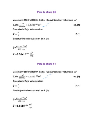 Para la altura #3 
Volumen= 3500ml/1000 = 3.5 lts. Convirtiendo el volumen a 풎ퟑ 
ퟏ 풎ퟑ 
ퟏퟎퟎퟎ 풍풕풔. 
3.5lts. 
= ퟑ. ퟓ풙ퟏퟎ−ퟎퟑ풎ퟑ ec. (1) 
Calculo del flujo volumétrico: 
푽̇ 
= 
푽 
풕 
F (1) 
Sustituyendo la ecuación 1 en F (1): 
푽̇ 
ퟑ.ퟓ풙ퟏퟎ−ퟎퟑ풎ퟑ 
= 
ퟓ.ퟑퟑ 풔풆품. 
푽̇ 
=6.56xퟏퟎ−ퟎퟒ 풎ퟑ 
풔풆품. 
Para la altura #4 
Volumen= 3500ml/1000 = 3.5 lts. Convirtiendo el volumen a 풎ퟑ 
ퟏ 풎ퟑ 
ퟏퟎퟎퟎ 풍풕풔. 
3.5lts. 
= ퟑ. ퟓ풙ퟏퟎ−ퟎퟑ풎ퟑ ec. (1) 
Calculo del flujo volumétrico: 
푽̇ 
= 
푽 
풕 
F (1) 
Sustituyendo la ecuación 1 en F (1): 
푽̇ 
ퟑ.ퟓ풙ퟏퟎ−ퟎퟑ풎ퟑ 
= 
ퟔ.ퟑퟔ 풔풆품. 
푽̇=5.5xퟏퟎ−ퟎퟒ 풎ퟑ 
풔풆품. 
 