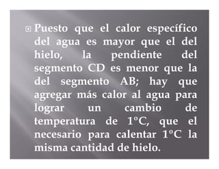    Puesto que el calor específico
    del agua es mayor que el del
    hielo,   la   pendiente    del
    segmento CD es menor que la
    del segmento AB; hay que
    agregar más calor al agua para
    lograr    un     cambio     de
    temperatura de 1ºC, que el
    necesario para calentar 1ºC la
    misma cantidad de hielo.
 
