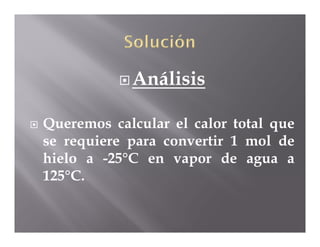  Análisis


   Queremos calcular el calor total que
    se requiere para convertir 1 mol de
    hielo a -25°C en vapor de agua a
    125°C.
 
