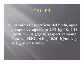    Los calores específicos del hielo, agua
    y vapor de agua son 2.09 J/g-°K, 4.18
    J/g-°K y 1.84 J/g-°K, respectivamente.
    Para el H2O, ΔHfus 6.01 kJ/mol, y
    ΔHvap 40.67 kJ/mol.
 